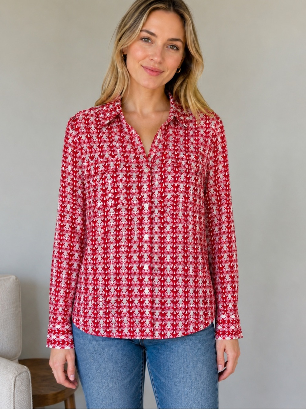 Express Portofino Red and White Butterfly 🦋 Printed Button-Down Shirt